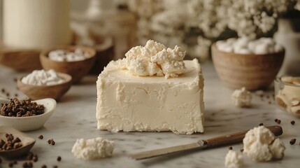 Fototapeta premium Creamy butter block adorned with fluffy toppings, surrounded by rustic kitchen ingredients