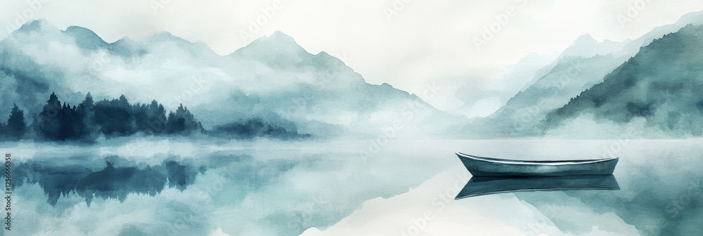 Aufkleber Serene watercolor illustration of a peaceful rowboat on a calm mountain lake with a blank sky inviting thoughts. Generative AI