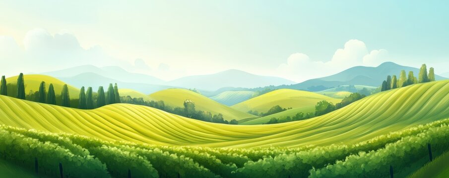 Lush green hills under a clear sky with rolling landscape and distant mountains