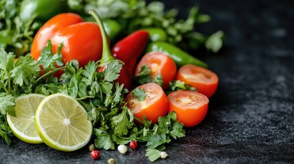 Fresh tomatoes, peppers, lime, parsley on dark background; healthy food recipe