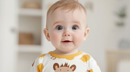 Happy baby portrait, home nursery, soft focus background, family website