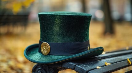 Emerald top hat, autumn park bench