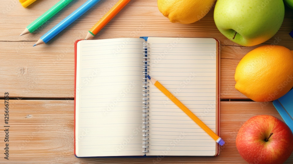 Aufkleber Bright wooden desk with open notebook and colorful stationary surrounded by fresh fruits. Generative AI
