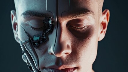 Close-up portrait of a futuristic man with closed eyes, revealing a partially robotic face, symbolizing the integration of artificial intelligence with human biology