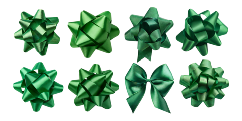Collection of Green Bows and Ribbons for Gift Wrapping Decor, isolated on transparent background