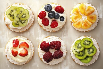 Rice cakes with topping. Featuring rice cakes with various toppings. Highlighting versatility and healthy snacks. Ideal for culinary and snack visuals.