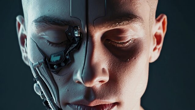 Close-up portrait of a futuristic man with closed eyes, revealing a partially robotic face, symbolizing the integration of artificial intelligence with human biology