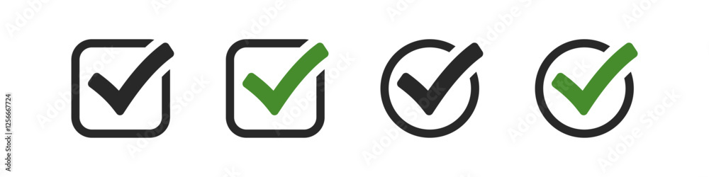 Poster check mark icon set. check box icon with correct, accept checkmark icons green tick box, check list circle frame - checkbox symbol sign. checkbox square frame