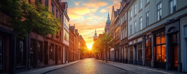 Fototapeta premium Sunset over historic european street with cobbled road and elegant architecture