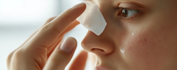 Naklejka premium Young caucasian female cleansing skin with cotton pad close-up beauty routine