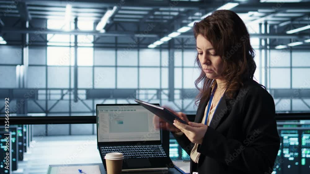 Poster programmer using laptop in data center, finetuning network protocols, drinking coffee. woman in serv