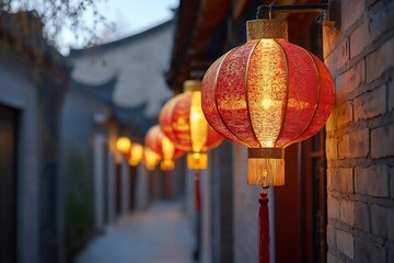 Naklejka premium Illuminated red lanterns hang on brick walls in a narrow alleyway, creating a warm, inviting atmosphere.
