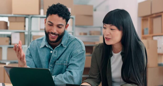 Laptop, discussion and people in office with boxes for online order confirmation, refund or shipping. Ecommerce, technology and supply chain managers with cardboard packages for logistics information
