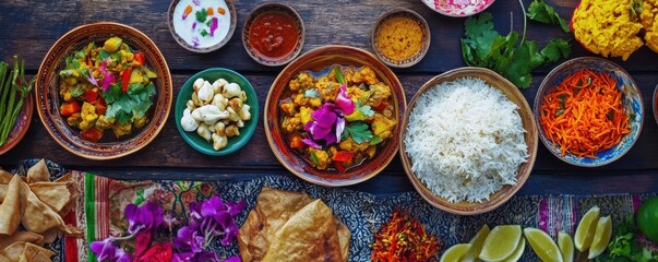 Colorful indian feast with curry, rice, and fresh vegetables