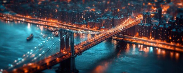 Obraz premium Aerial night view of illuminated cityscape with glowing bridge over water