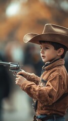 Fototapeta premium Young boy in cowboy costume confidently plays with a toy gun during a fun costume celebration