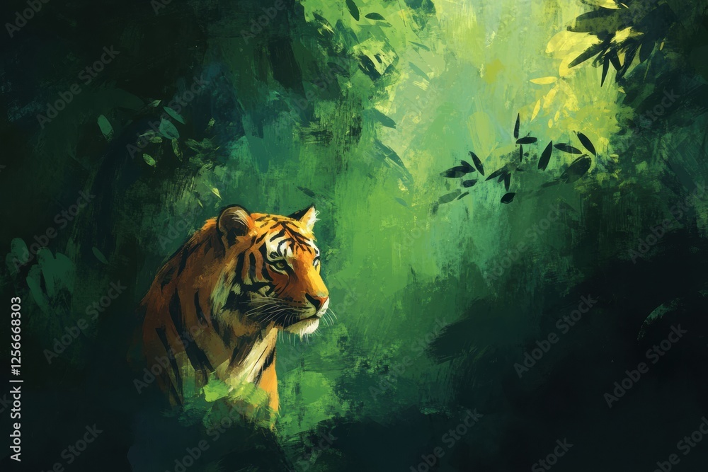 Leinwandbilder impressionist portrait of a tiger in a vibrant jungle setting with room for text. generative ai