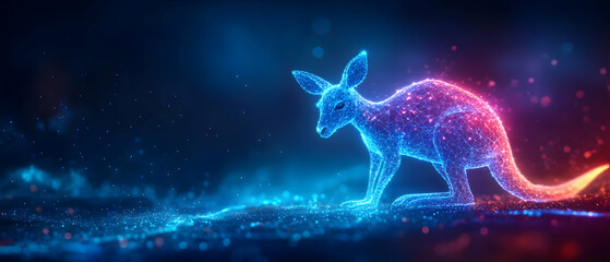 A stunning, vibrant digital kangaroo glows with captivating neon colors against a cosmic backdrop.
