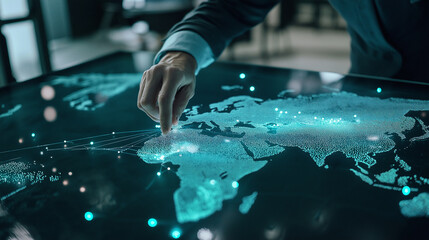 A futuristic transparent glass table with a projected world map, where glowing dots pulsate over major cities as business executives discuss global expansion.