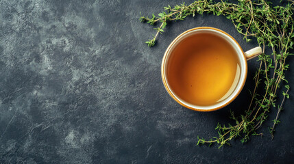 Aromatic Thyme Tea on Dark Background Refreshing Herbal Beverage Cup of Tea with Fresh Thyme Sprigs