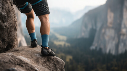 A rock climber gripping a ledge, their knee wrapped in deep blue kinesiology tape for support, with the dramatic cliffside view in the background.