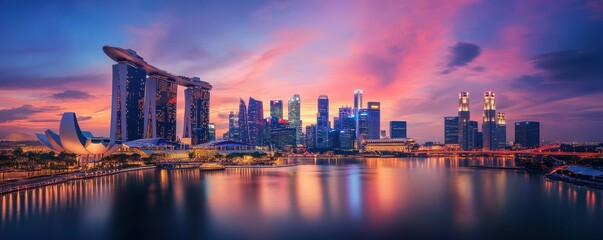 Obraz premium Stunning marina bay sands and singapore skyline at sunset over water