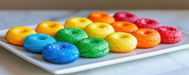 Colorful assorted mini rainbow donuts on white plate