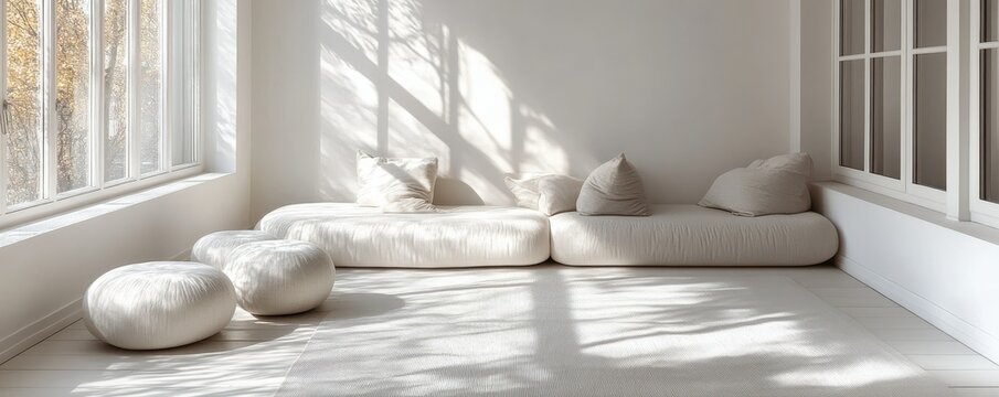 Serene minimalist living room with natural light and soft neutral tones