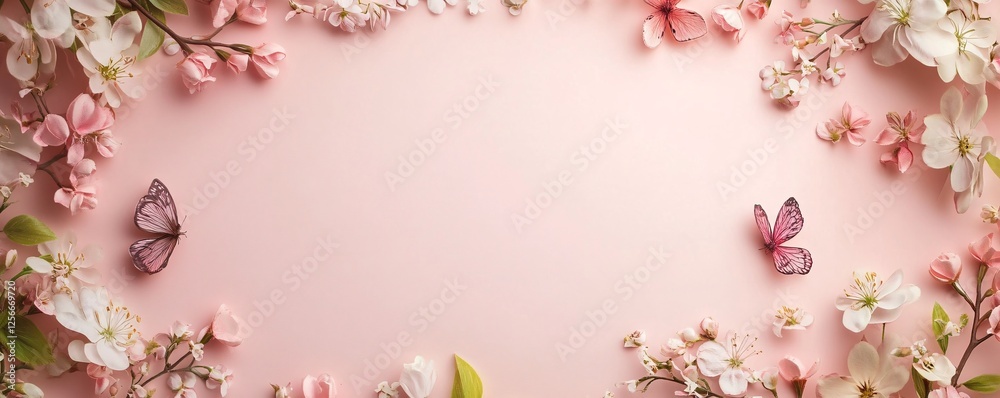 Poster spring floral background with delicate pink flowers and butterflies creating a romantic atmosphere