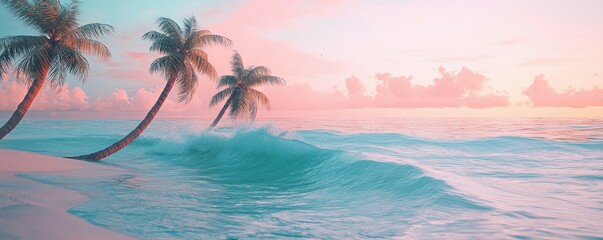 Obraz premium Sunset waves and pink clouds on tropical beach with palm trees