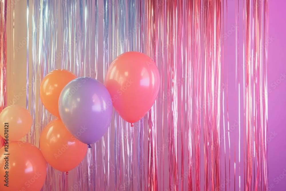 Poster festive party backdrop with balloons and shimmering tinsel in a minimalist space ready for celebrati