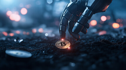 A post-apocalyptic scene where a robotic hand plants a Bitcoin in barren soil, with the faint glow of underground cryptocurrency networks activating.