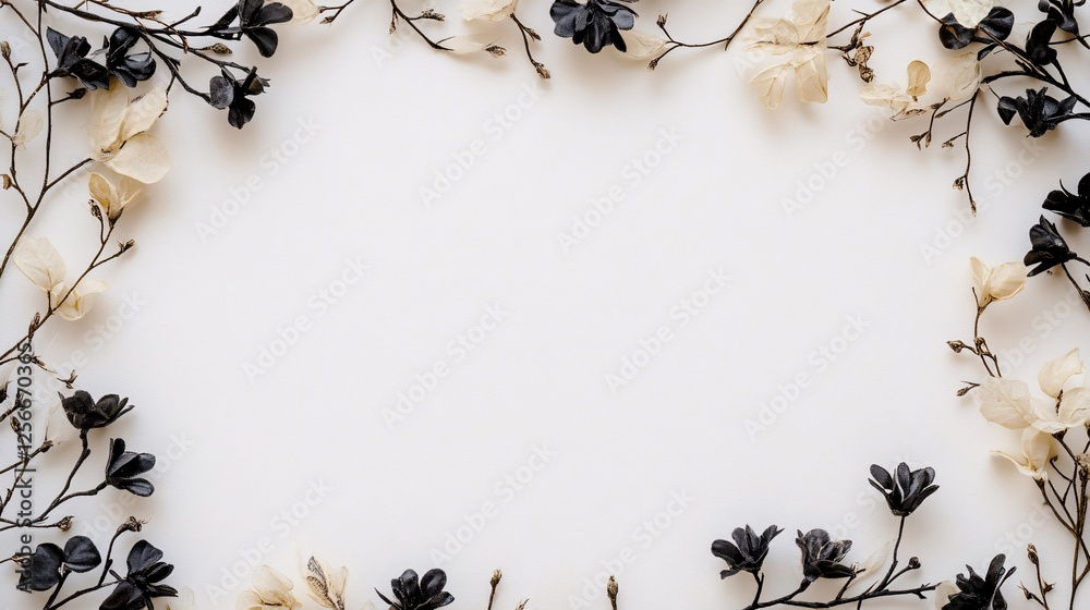 Poster dried black and white flowers creating a border on white background