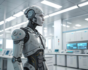 Futuristischer humanoider Roboter in Laborumgebung