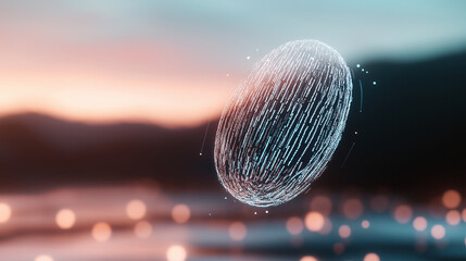 A floating digital fingerprint made of intricate, transparent geometric shapes, with faint digital code scrolling across it against a soft, glowing background.