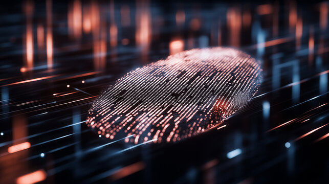 A floating digital fingerprint made of intricate, transparent geometric shapes, with faint digital code scrolling across it against a soft, glowing background. - Powered by Adobe
