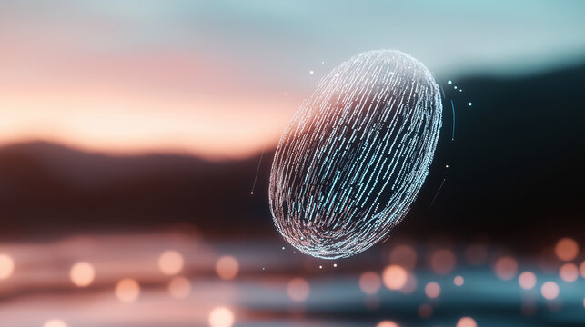 A floating digital fingerprint made of intricate, transparent geometric shapes, with faint digital code scrolling across it against a soft, glowing background.