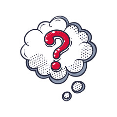 Question bubble icon in comic style with red question mark on white background