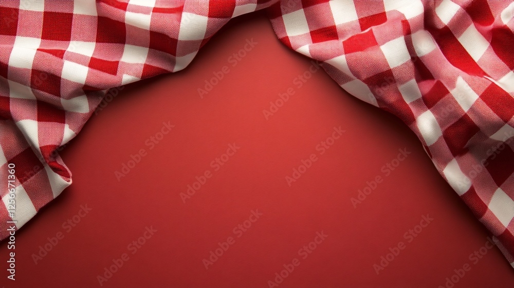 Poster Red and white checkered tablecloth framing empty red background