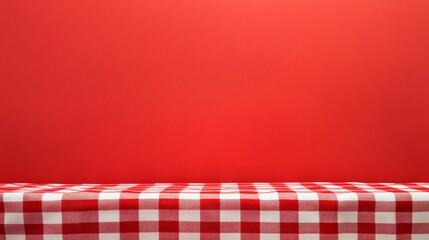 Red and white checkered tablecloth covering a table on a red background