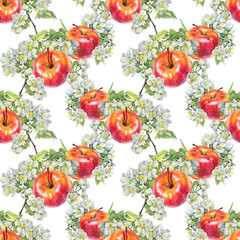 Watercolor seamless pattern with branch with apple blossoms and fruit on white background. Spring flowers and summer food. Art for wedding invite or 8 March celebration. Wallpaper or wrapping