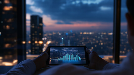 A businessman's hands holding a tablet displaying an animated 3D bar graph rising into the sky, with futuristic fintech data surrounding the scene.