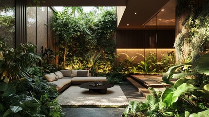 Lush indoor garden oasis with modern furniture creating a tranquil and peaceful space