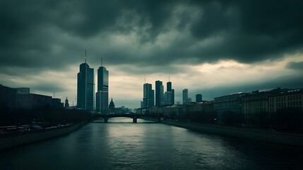 Obraz premium Moscow financial center skyline urban landscape dramatic atmosphere evening view reflective waters