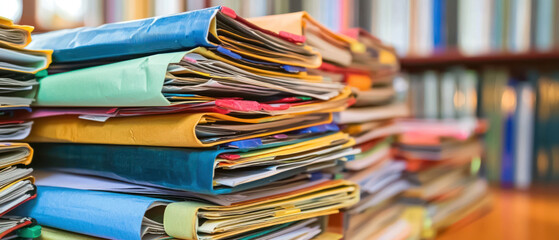 An Organized stacks of colorful folders filled with documents and papers, showcasing financial data and bookkeeping services