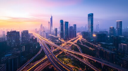 Fototapeta premium Dawn at gujaba megacity automated highways urban landscape high rise view