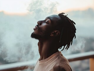 Young man exhaling smoke with closed eyes in tranquil outdoor scene