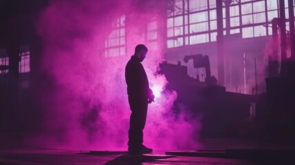 Lone Figure in a Purple Smoke Filled Industrial Environment