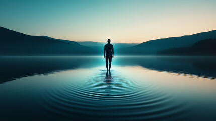 A symbolic image of a man standing at the edge of a reflective lake, stepping onto rippling waves that turn into a glowing path toward a bright, unknown future.
