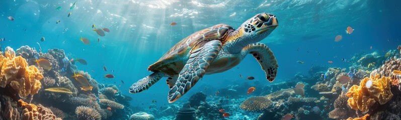 Obraz premium Sea turtle gracefully swimming in the clear blue sea, gliding through the water with ease - concept of nature, freedom, tranquility
